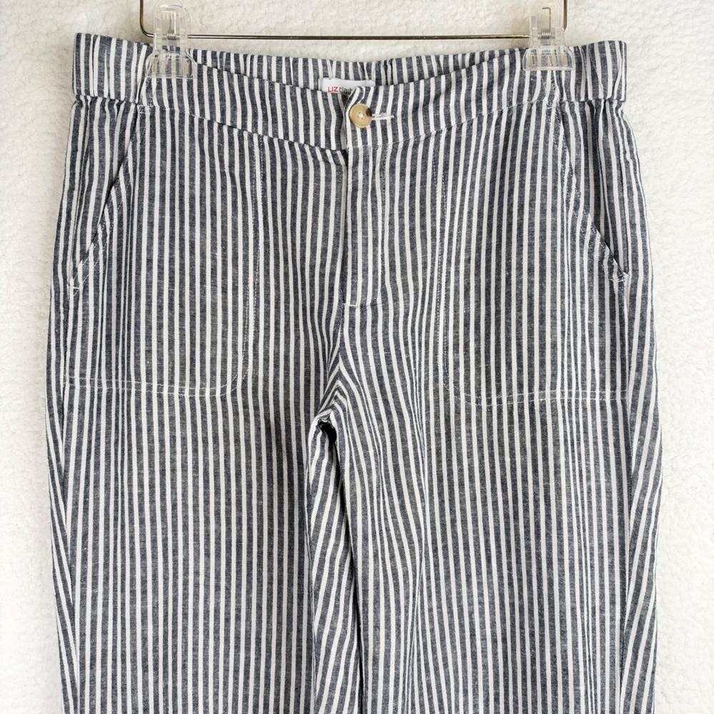 Liz Claiborne Womens Linen Blend Striped Pants Navy White Relaxed Straight M